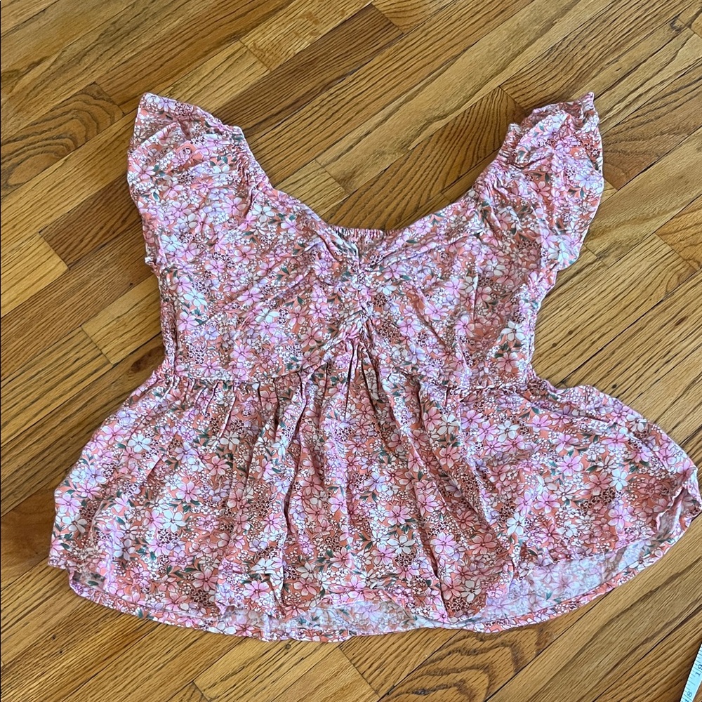 Japna Pink Floral Flutter Sleeve Peasant Top